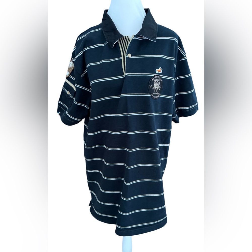 AKOO Black w/tan & cream stripes 100% cotton Polo Shirt size XL.